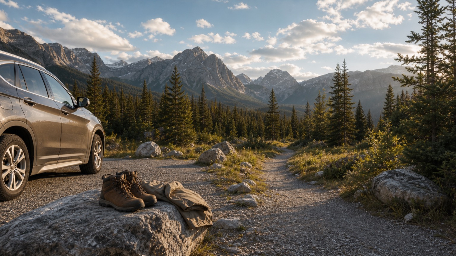 Car beside a rocky mountain trail