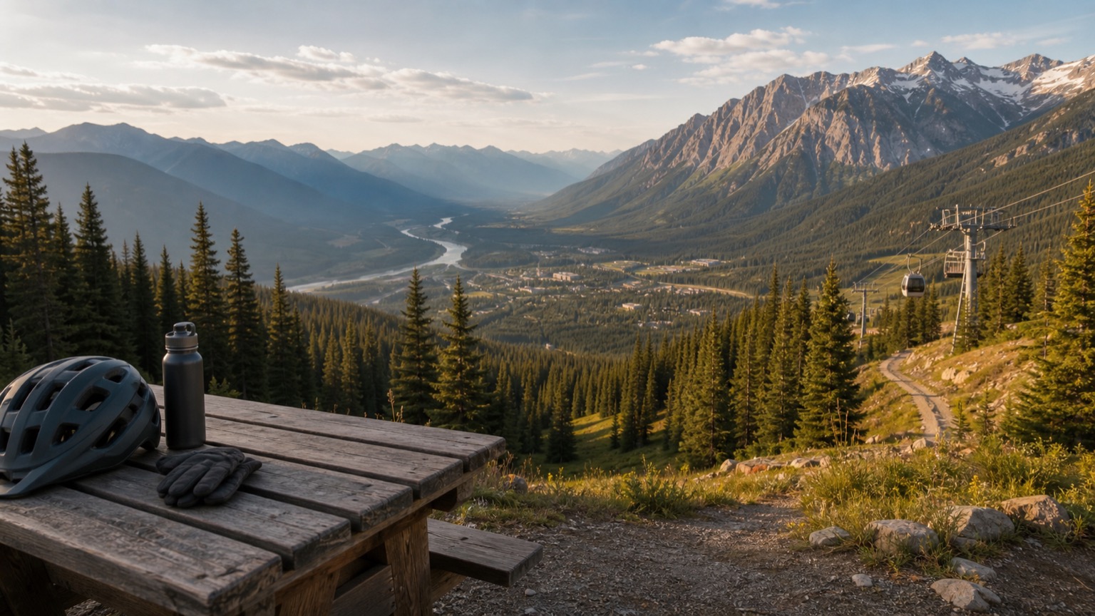 Helmet on a picnic table above a mountain valley