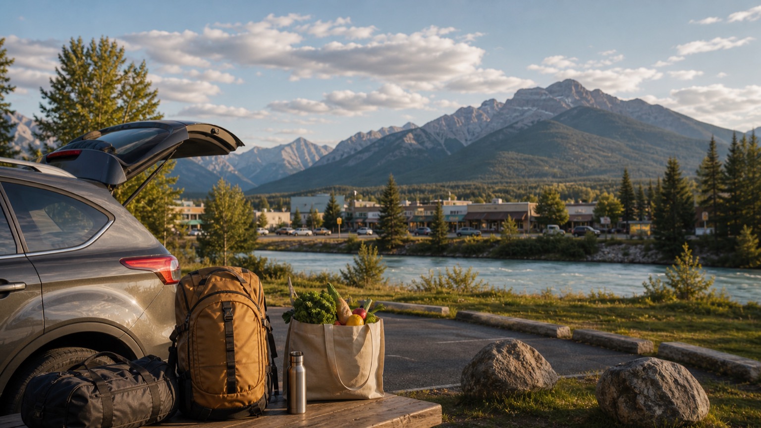 Open car boot and picnic supplies beside a river
