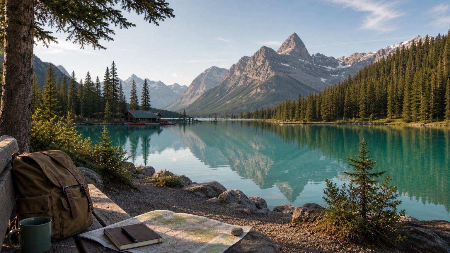 Luggage beside a turquoise mountain lake