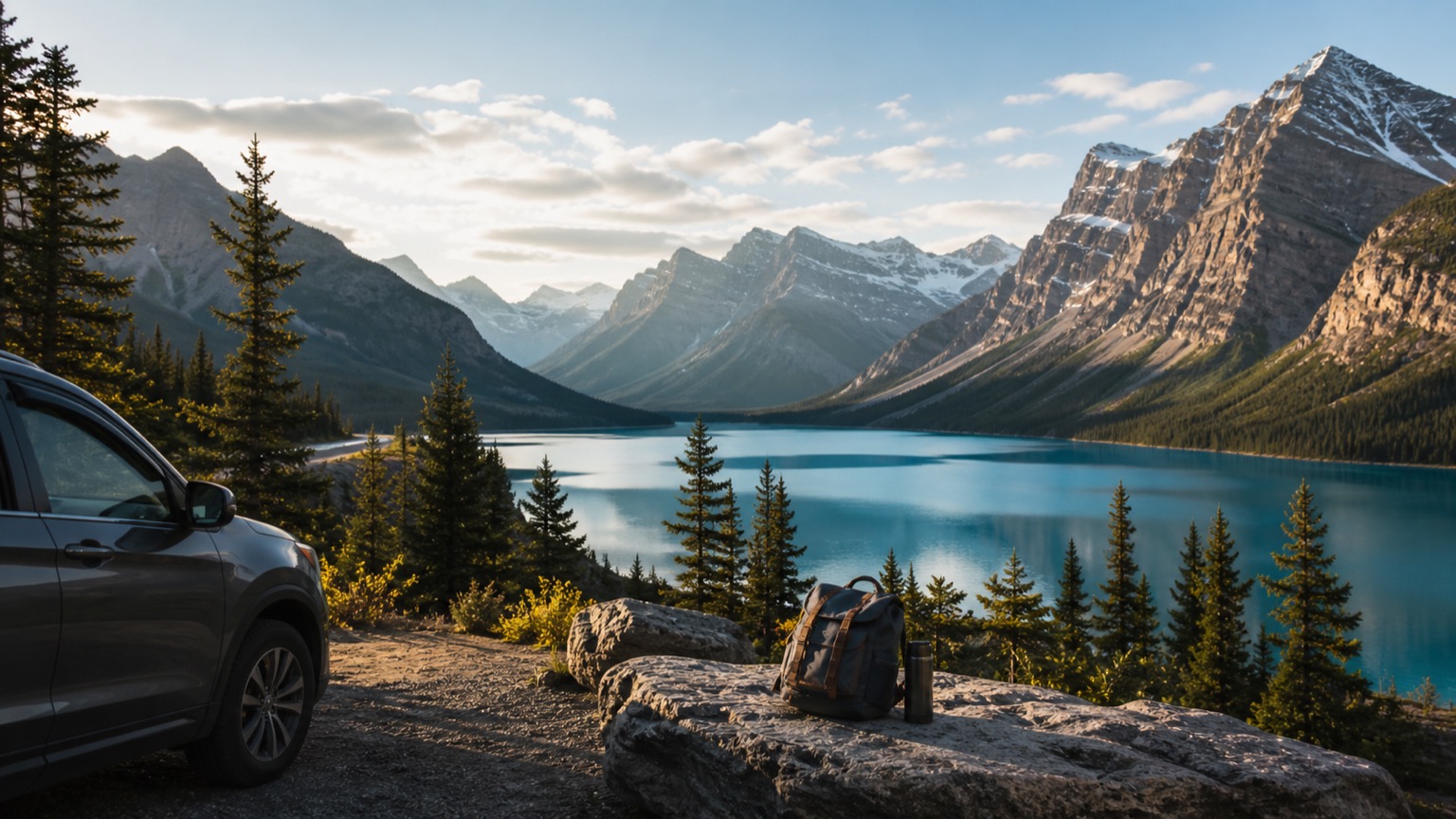 Lakeshore with mountain views and travel bags