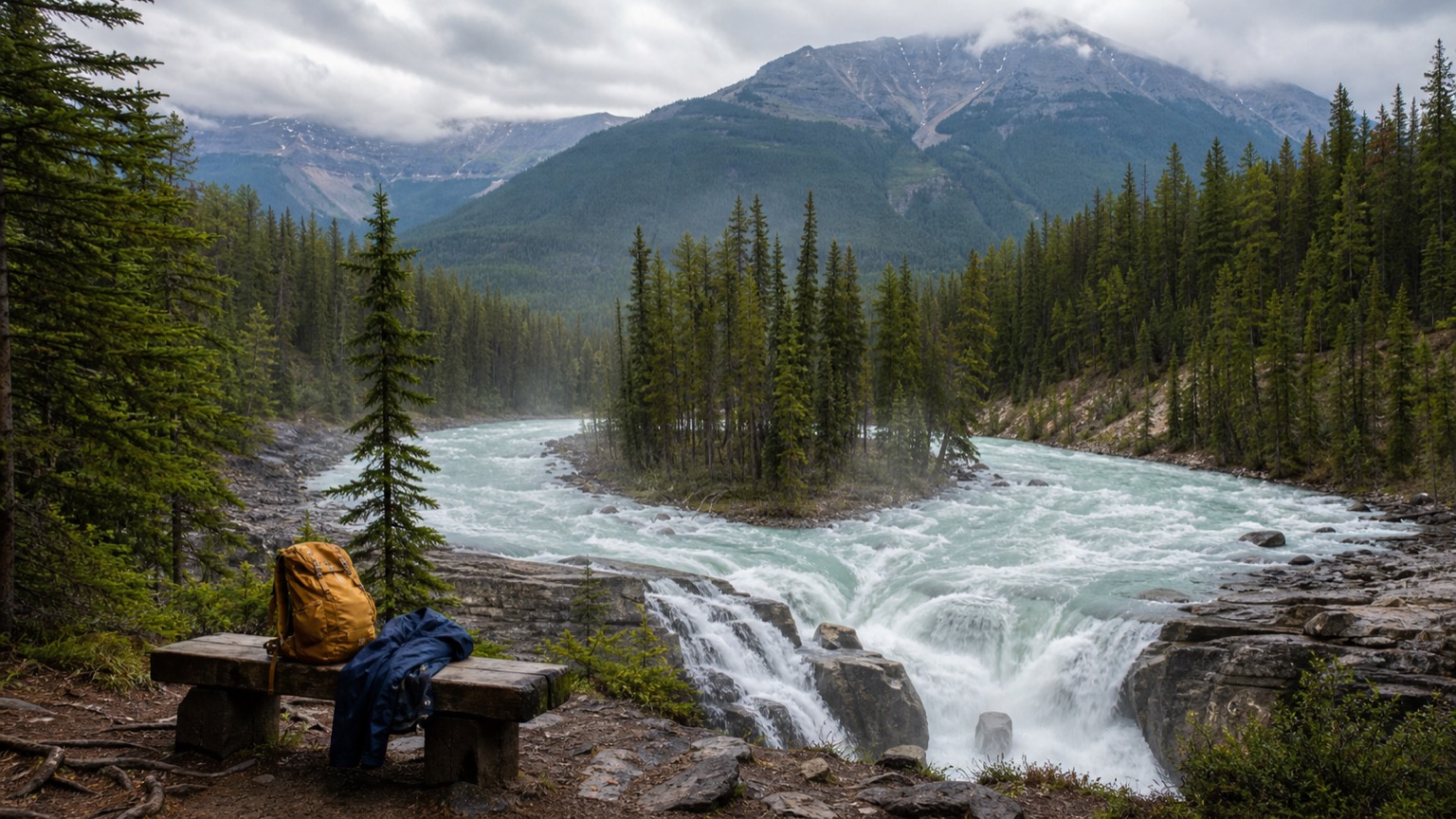 Broad waterfall with a wooded island and travel bags