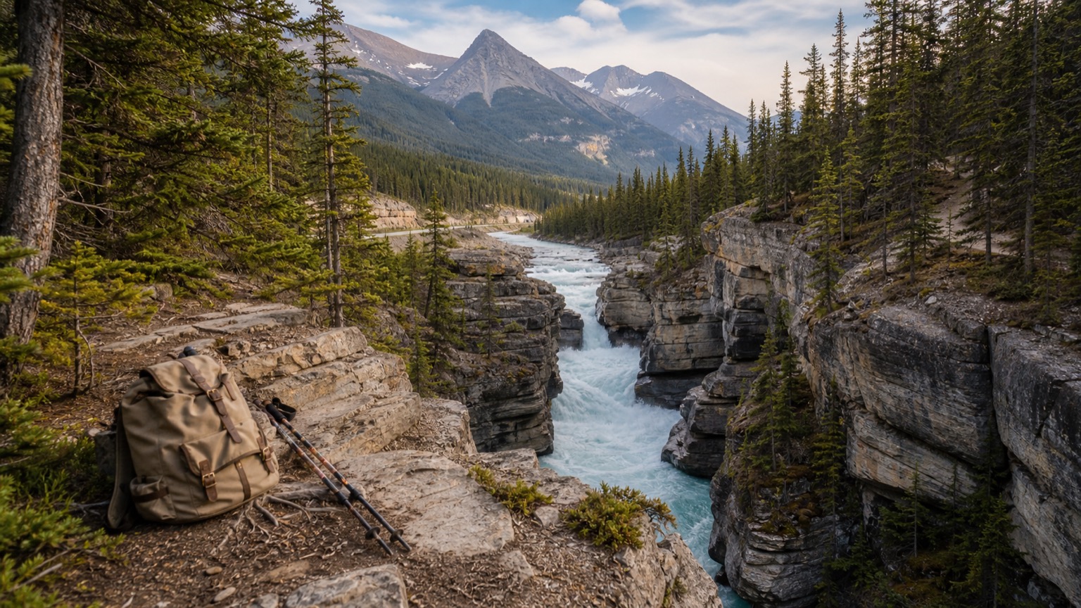River running through a narrow rocky canyon, backpack at the edge