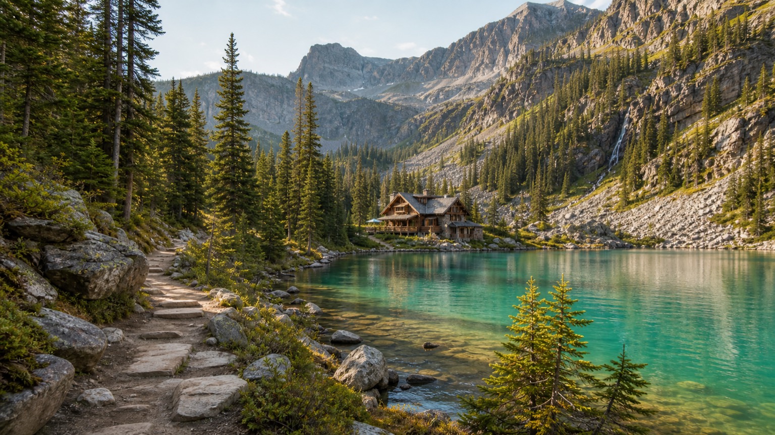 Wooden cabin beside a mountain lake beneath steep cliffs