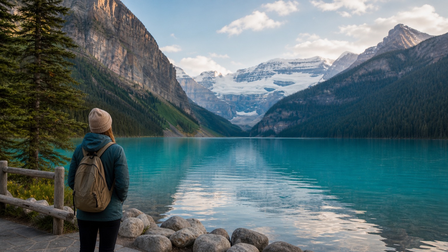 Visitors beside a turquoise lake with glacier views