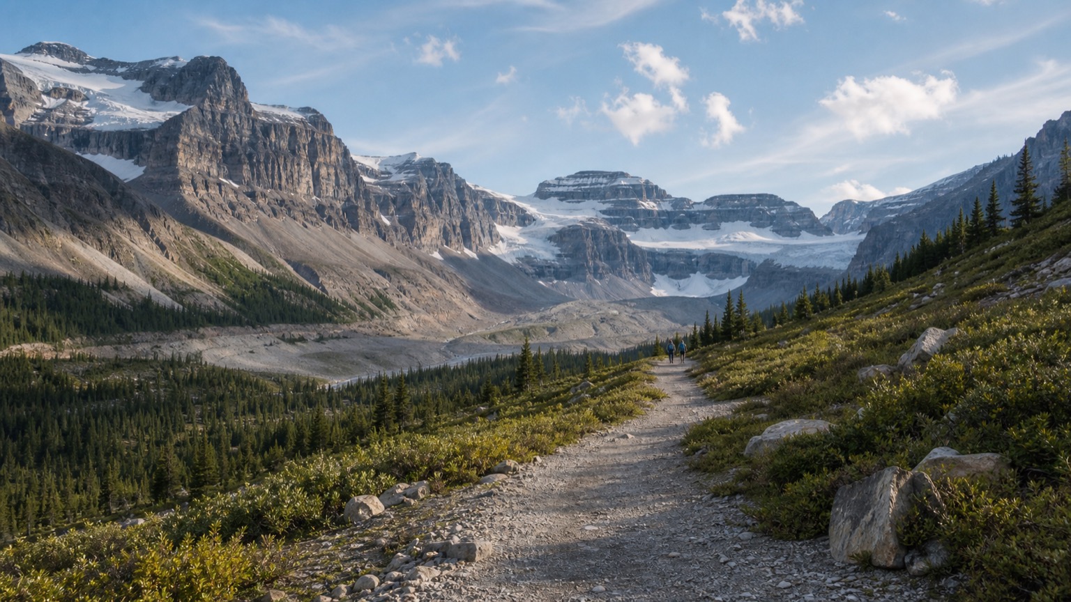 Rocky hiking path below mountains and remnants of glacier ice