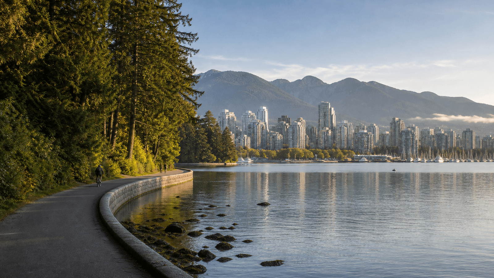 Waterfront path between trees and water, with a skyline and mountains