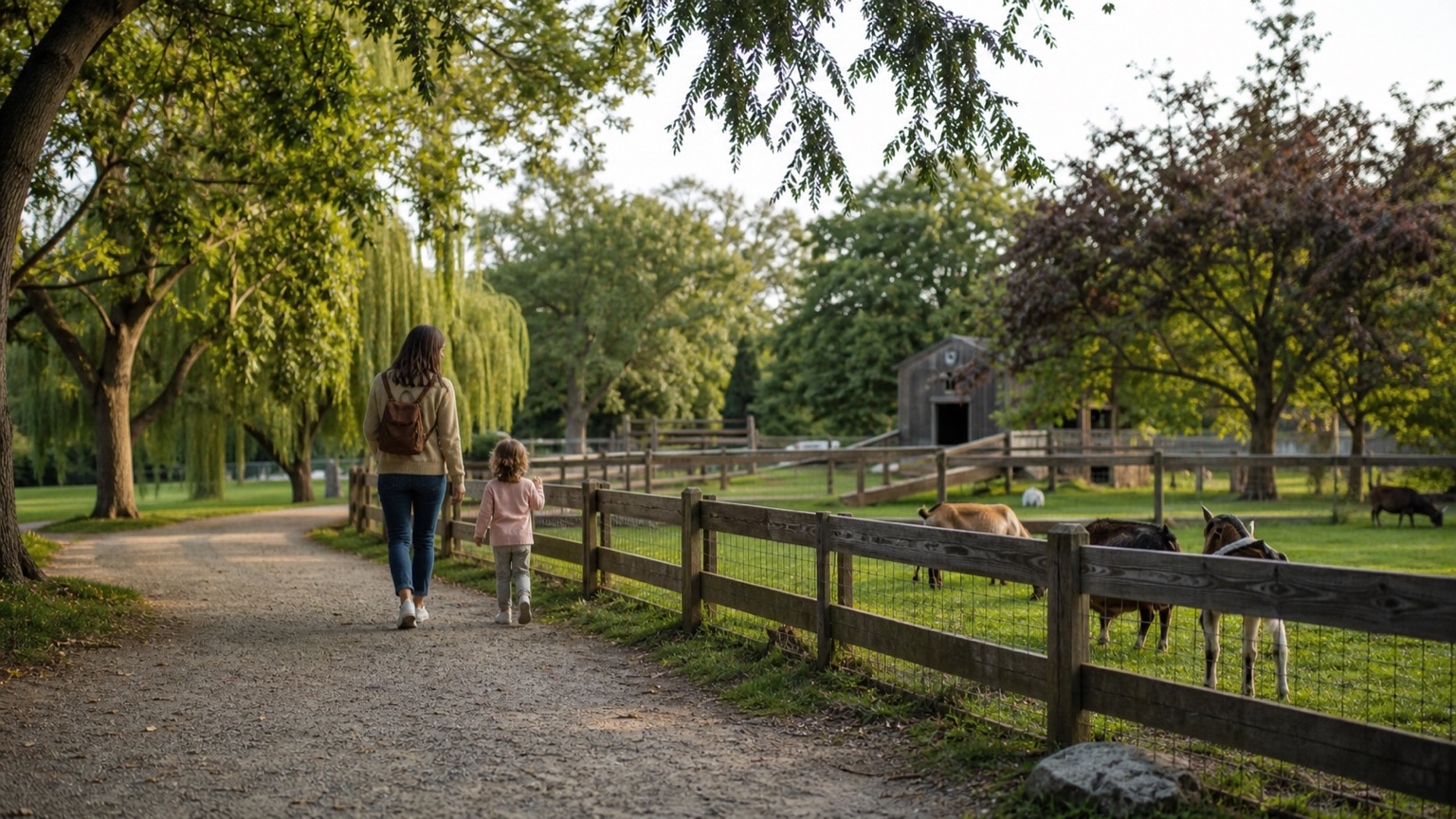 Adult and child on a park path beside an animal enclosure