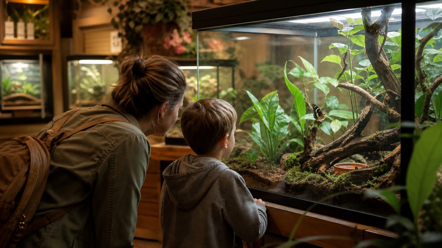 Adult and child beside a planted terrarium