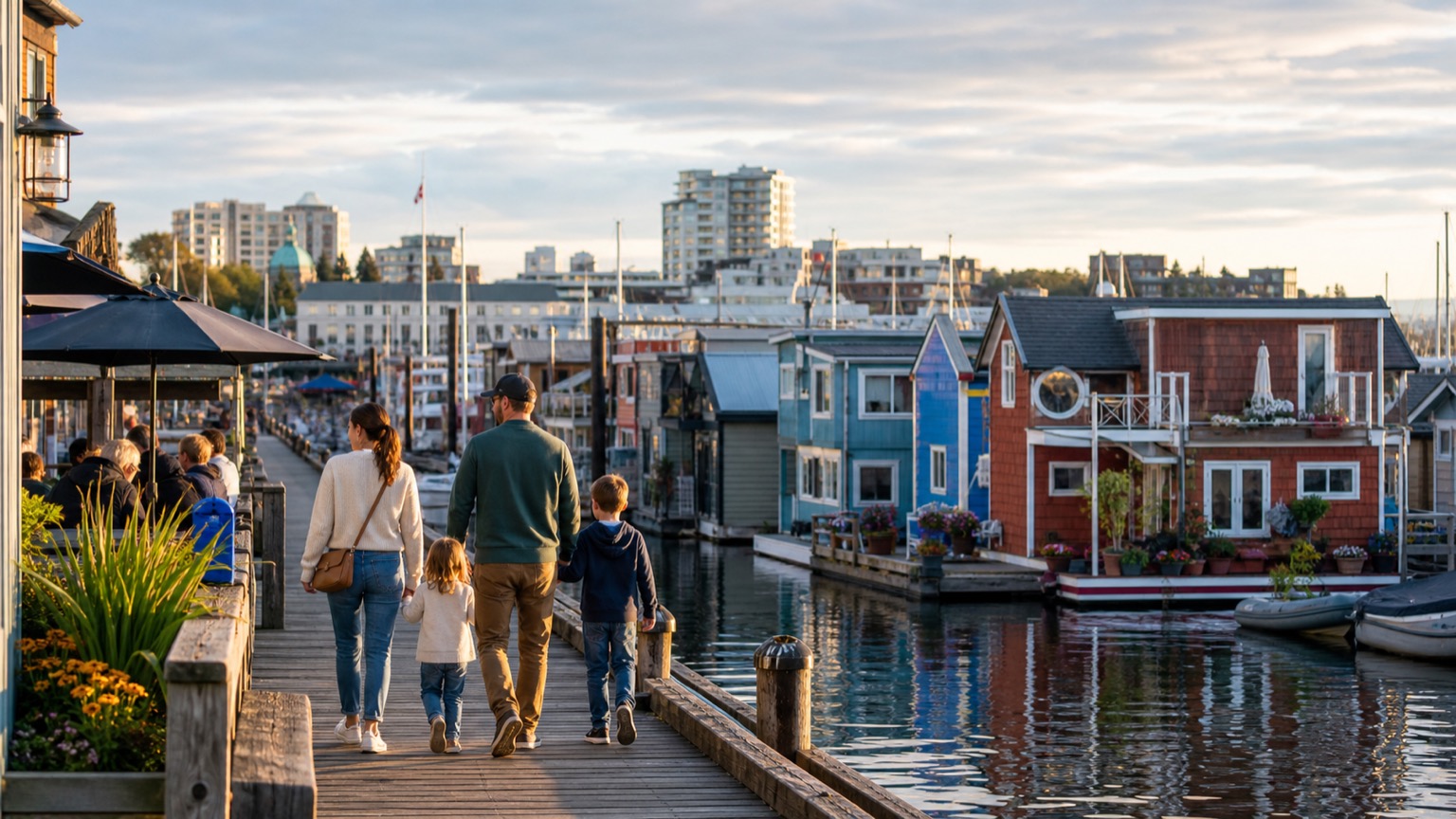 Family on a dock between colourful floating homes