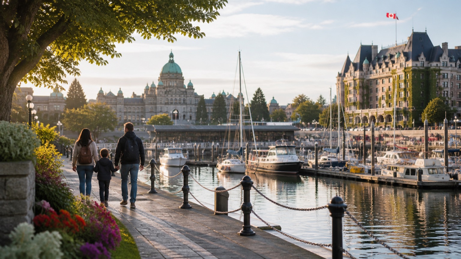 Family on a harbour promenade with boats and historic buildings