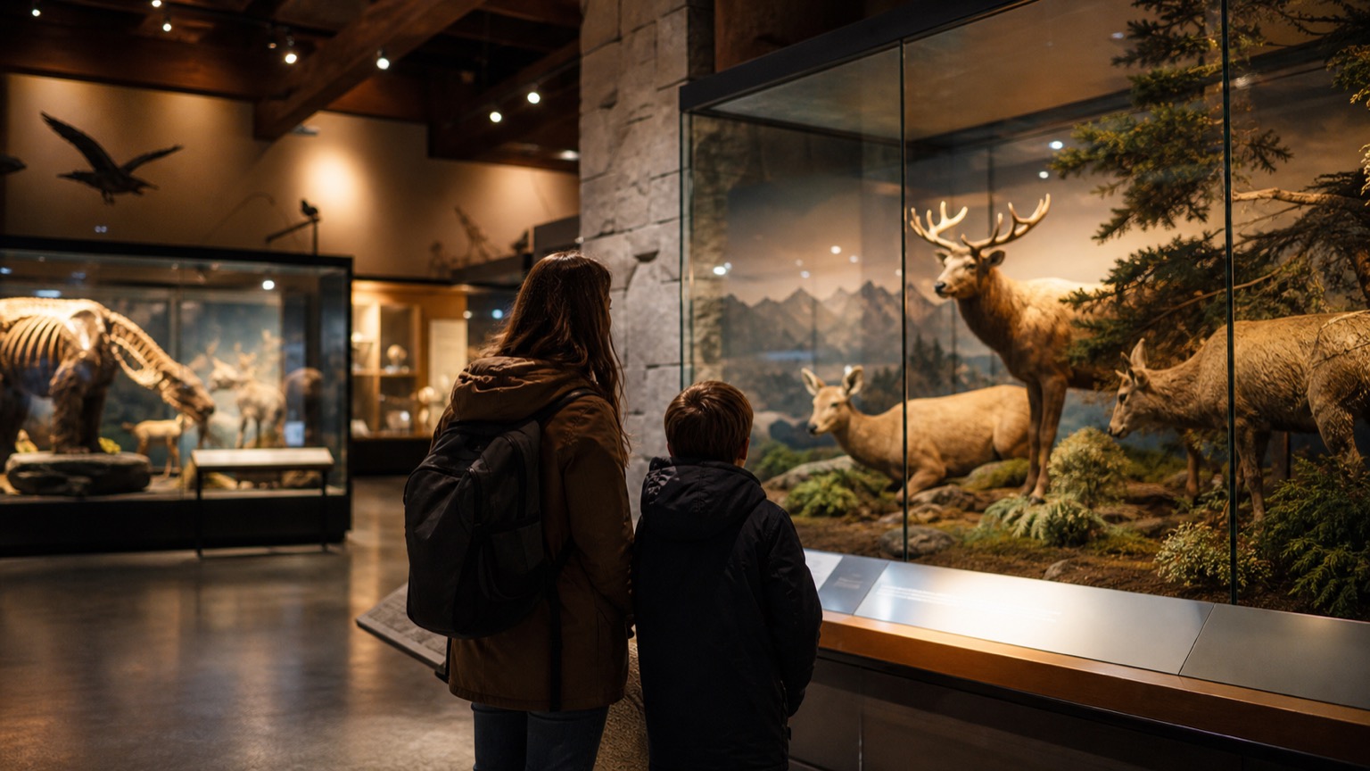 Adult and child at natural-history display cases with mounted animals