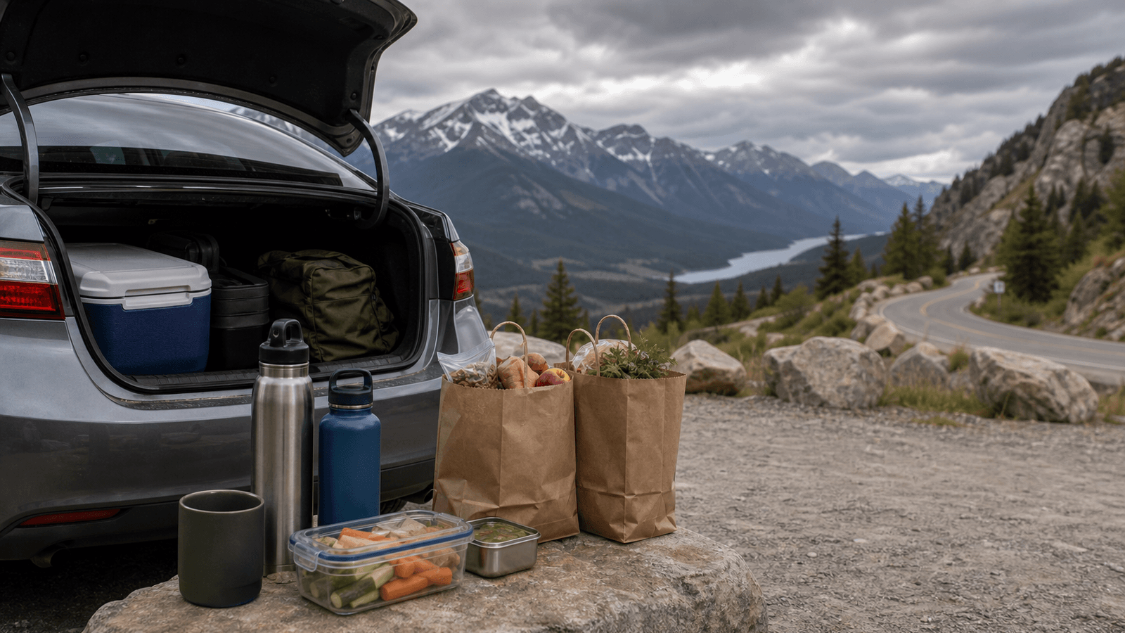 Groceries and drinks beside an open car boot