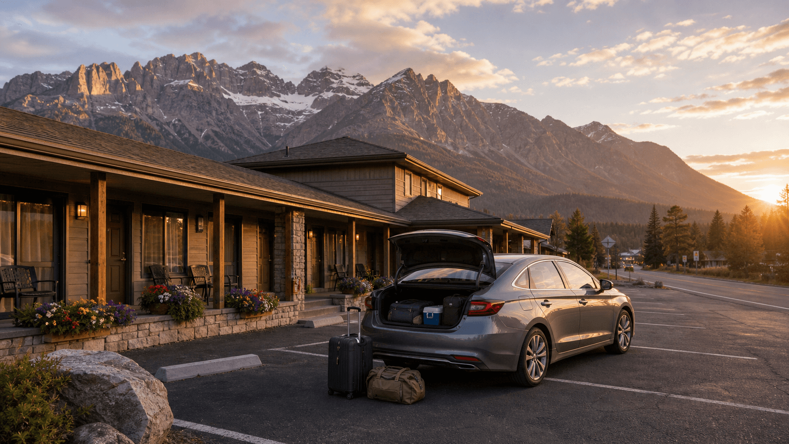 Mountain lodging with a terrace and car outside