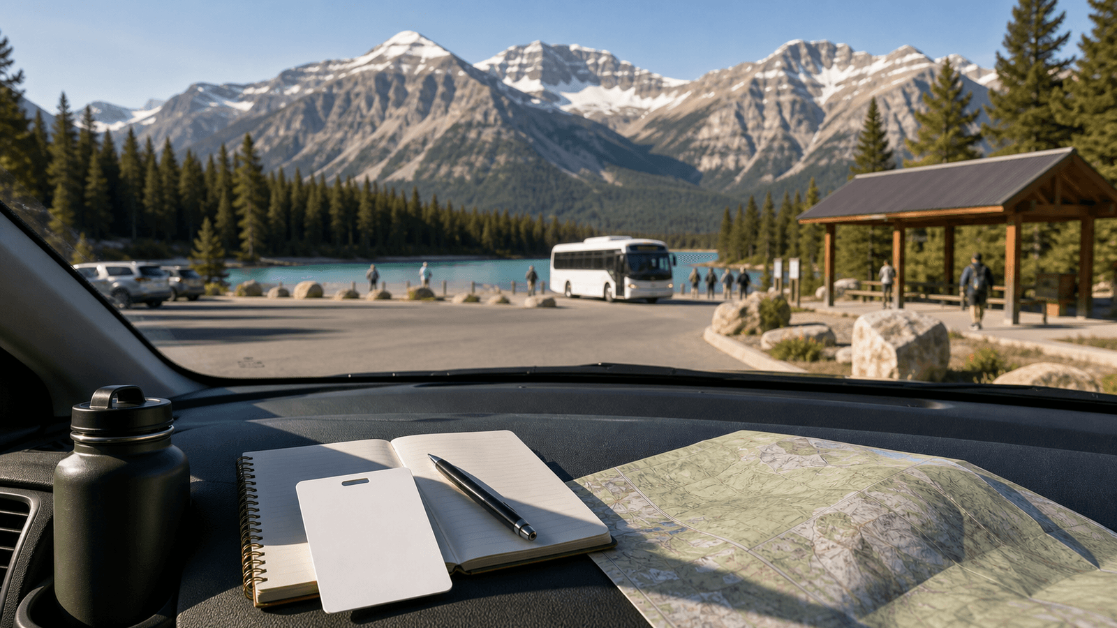 Notebook and map on a dashboard above a lakeside parking area with a bus