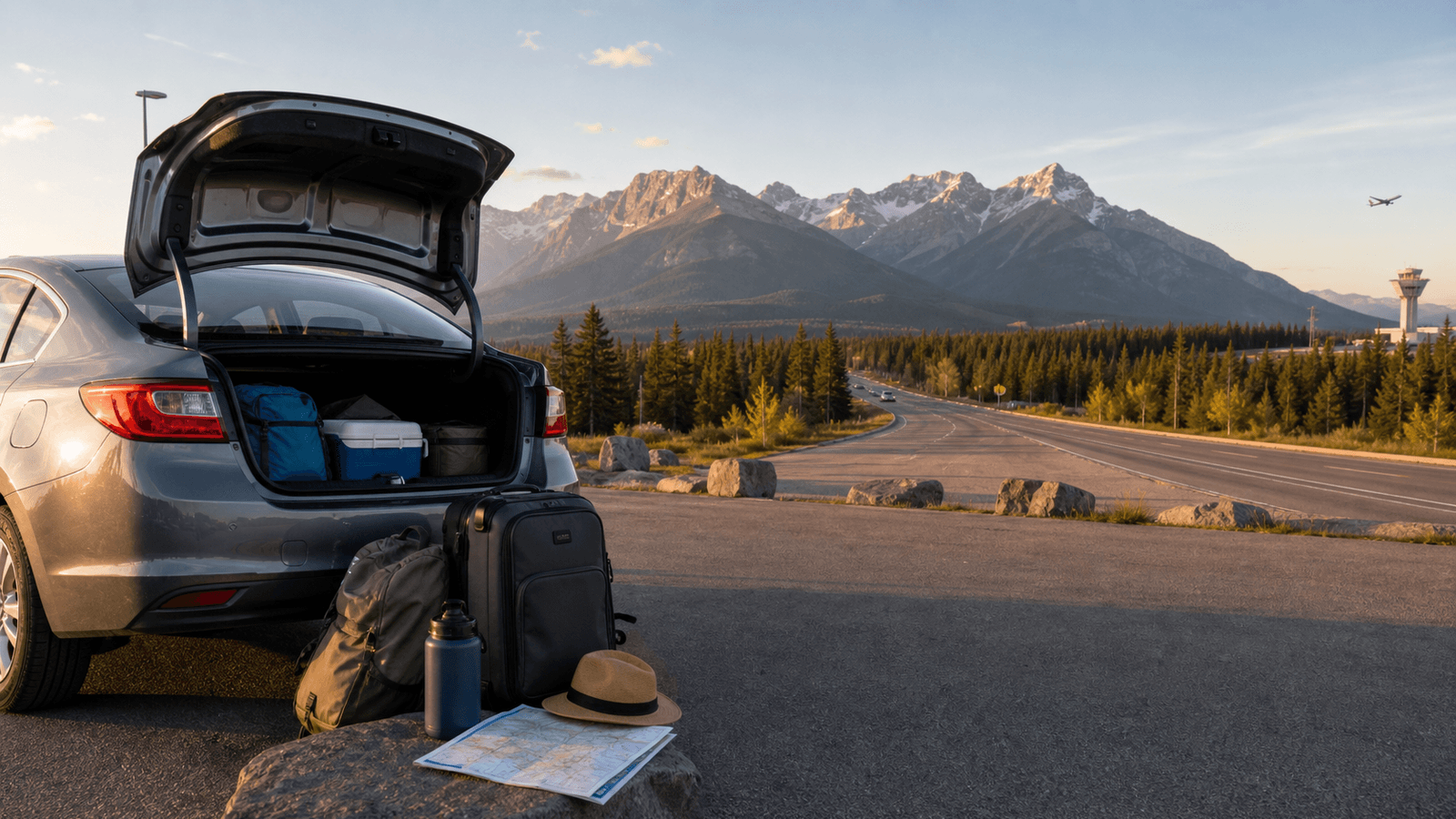 Open car boot with bags in a mountain parking area