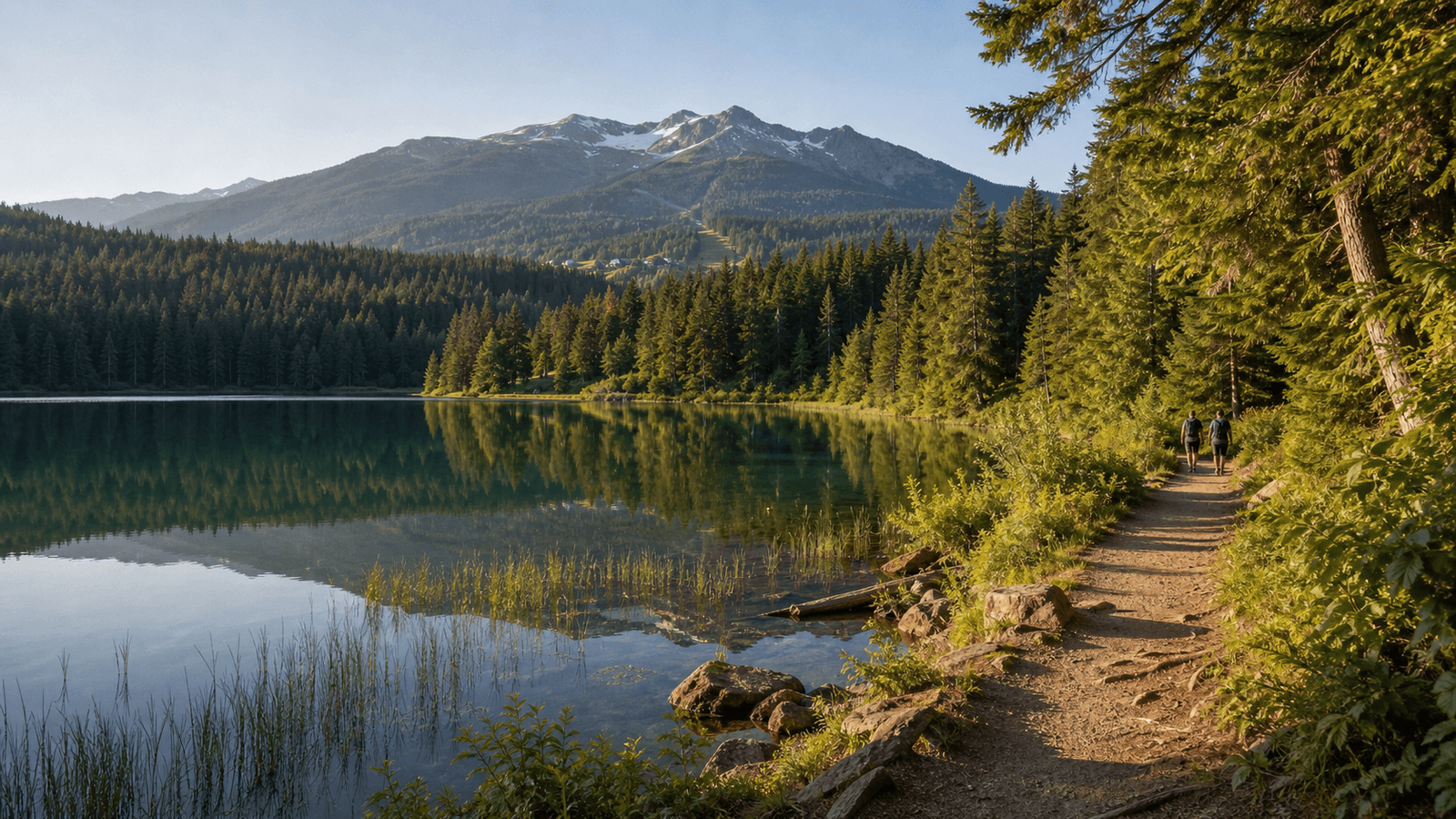 Lake with forest, shoreline path and mountains beyond