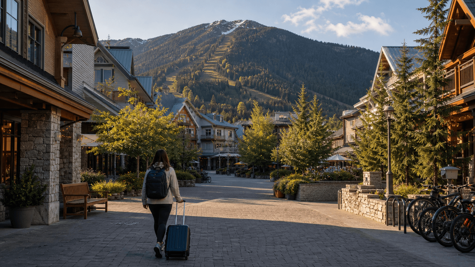 Traveller with luggage in a pedestrian village beneath the mountains