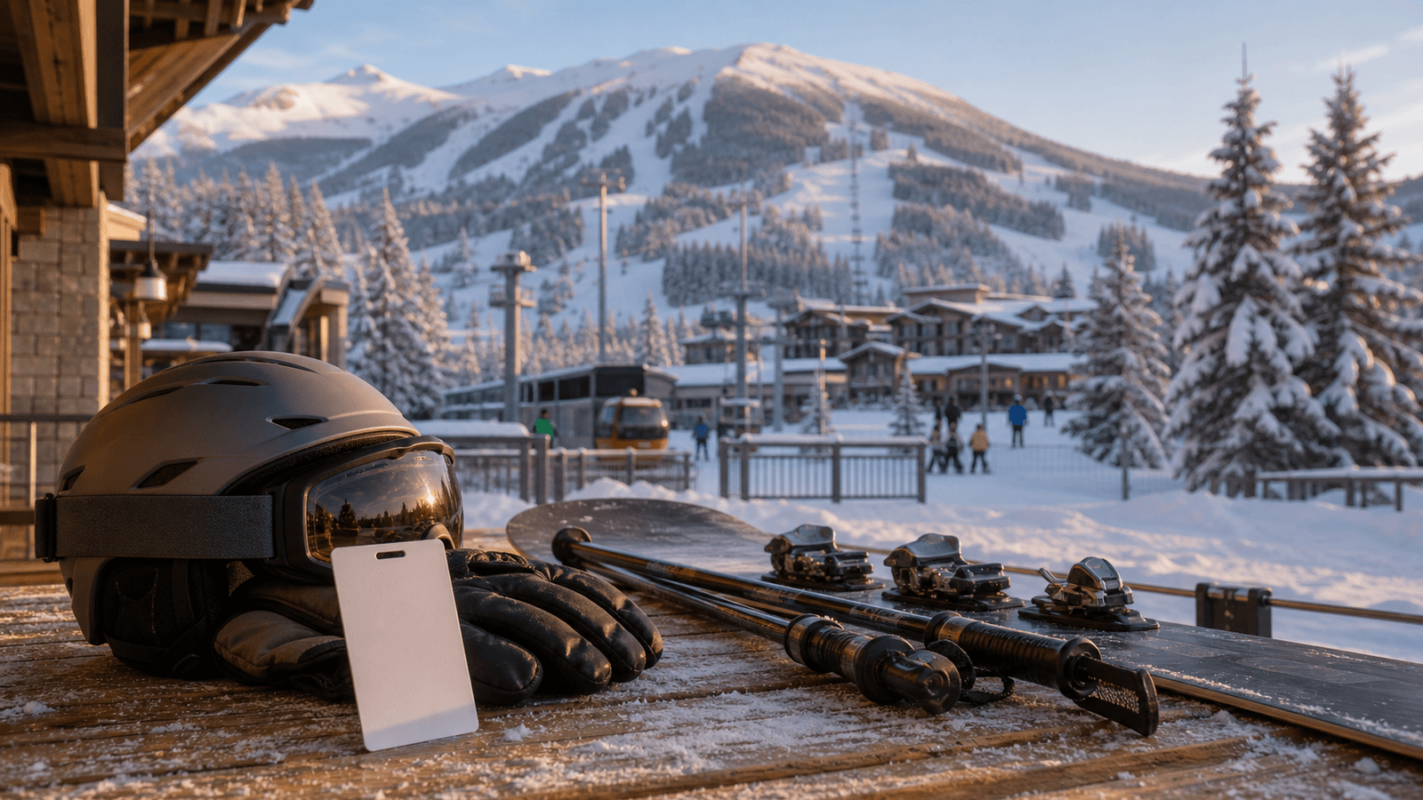 Ski helmet, gloves, poles and blank card on a bench