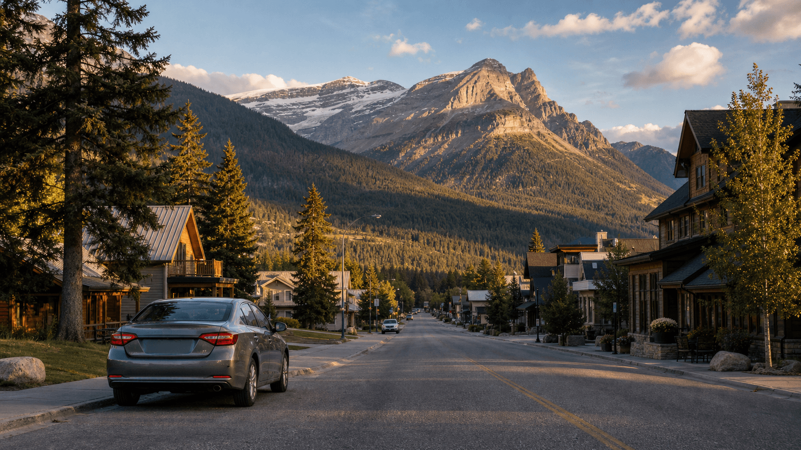 Mountain town with wooden buildings and a parked car